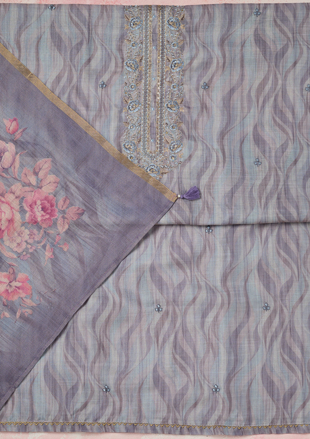 Purple Threadwork Linen Unstitched Salwar Suit