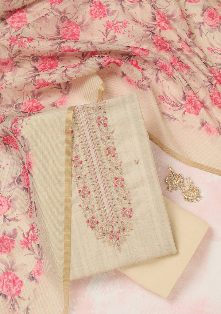 Cream Zariwork (Gold) Linen Unstitched Salwar Suit