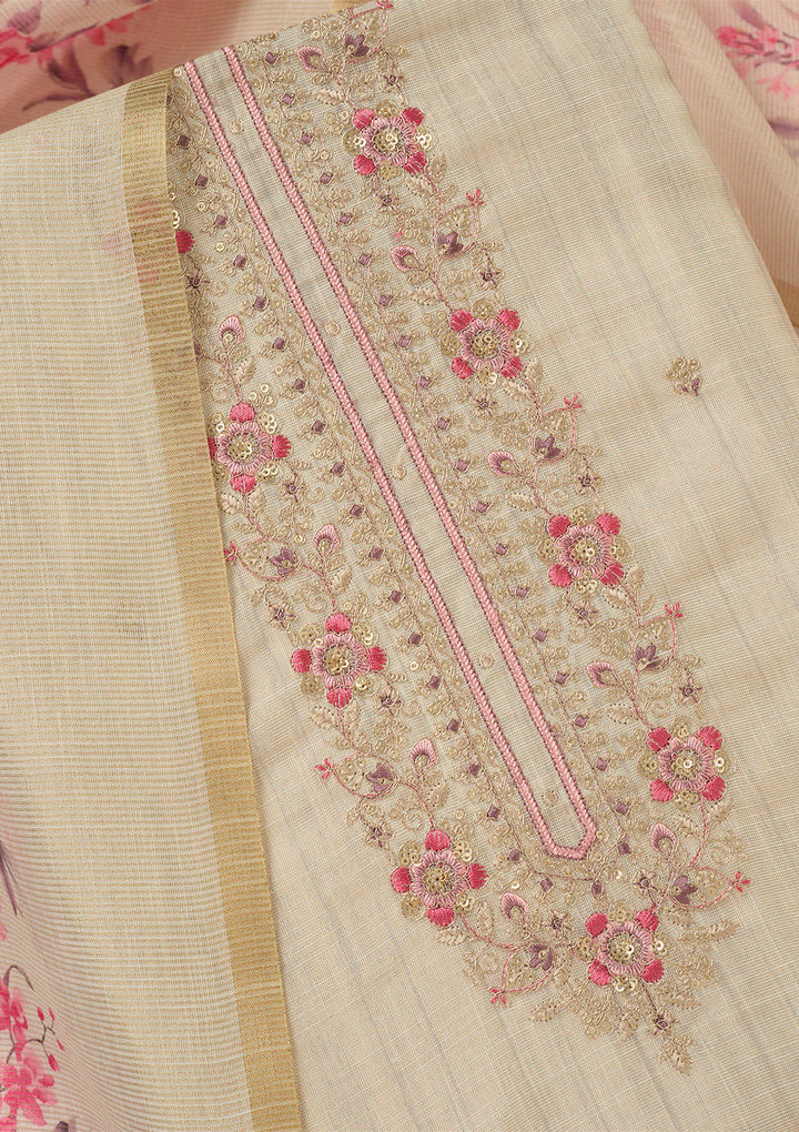 Cream Zariwork (Gold) Linen Unstitched Salwar Suit