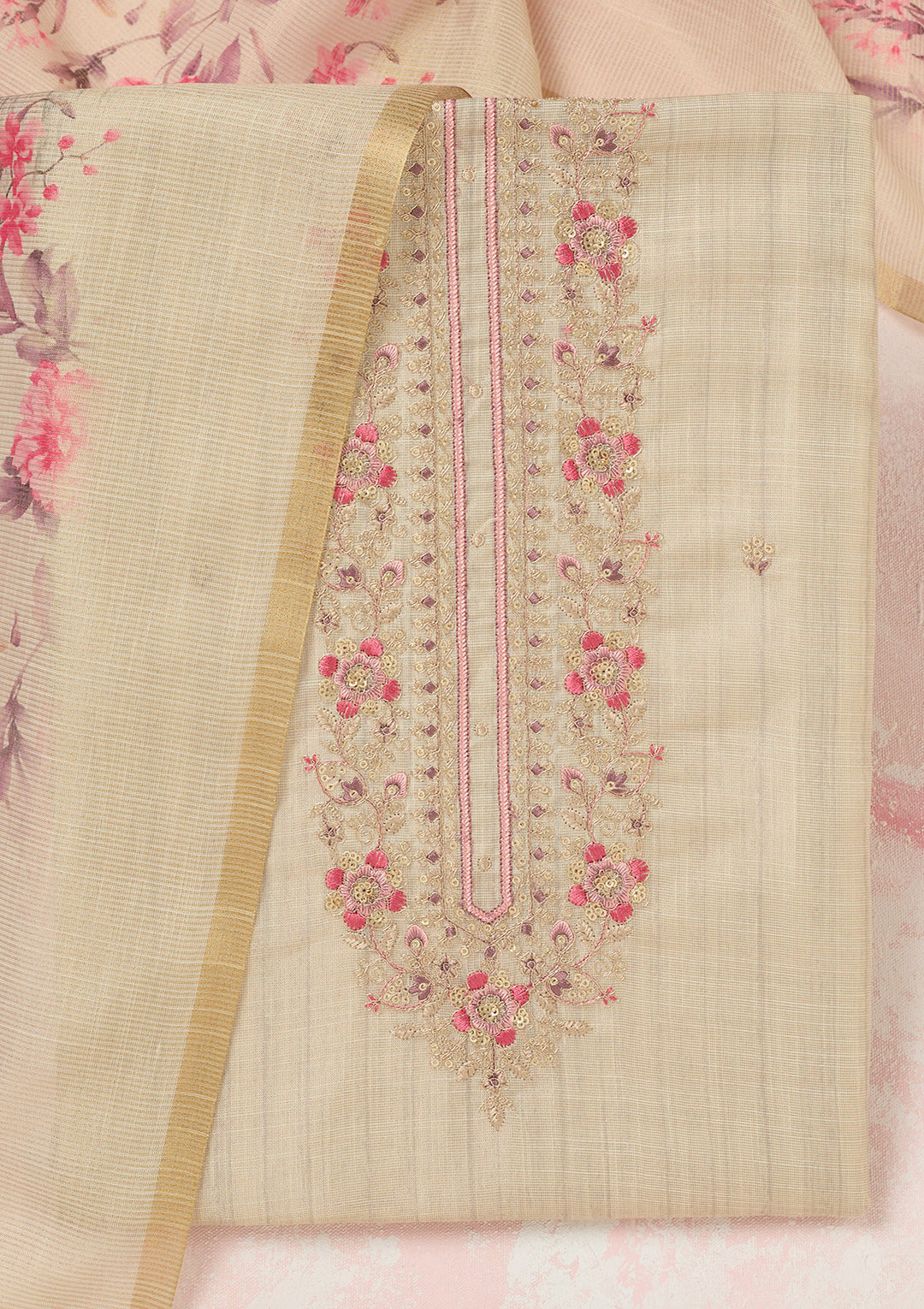 Cream Zariwork (Gold) Linen Unstitched Salwar Suit