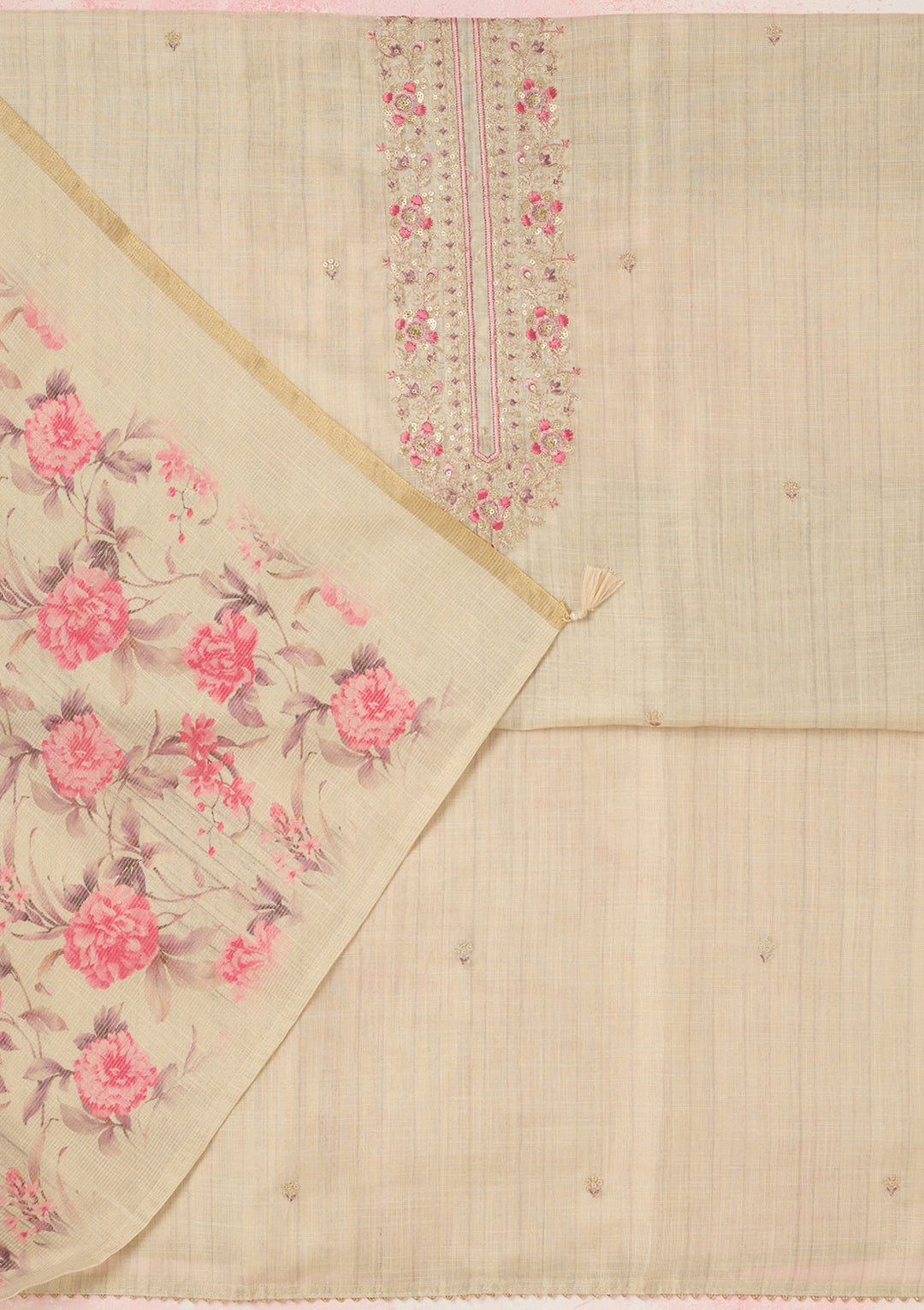 Cream Zariwork (Gold) Linen Unstitched Salwar Suit