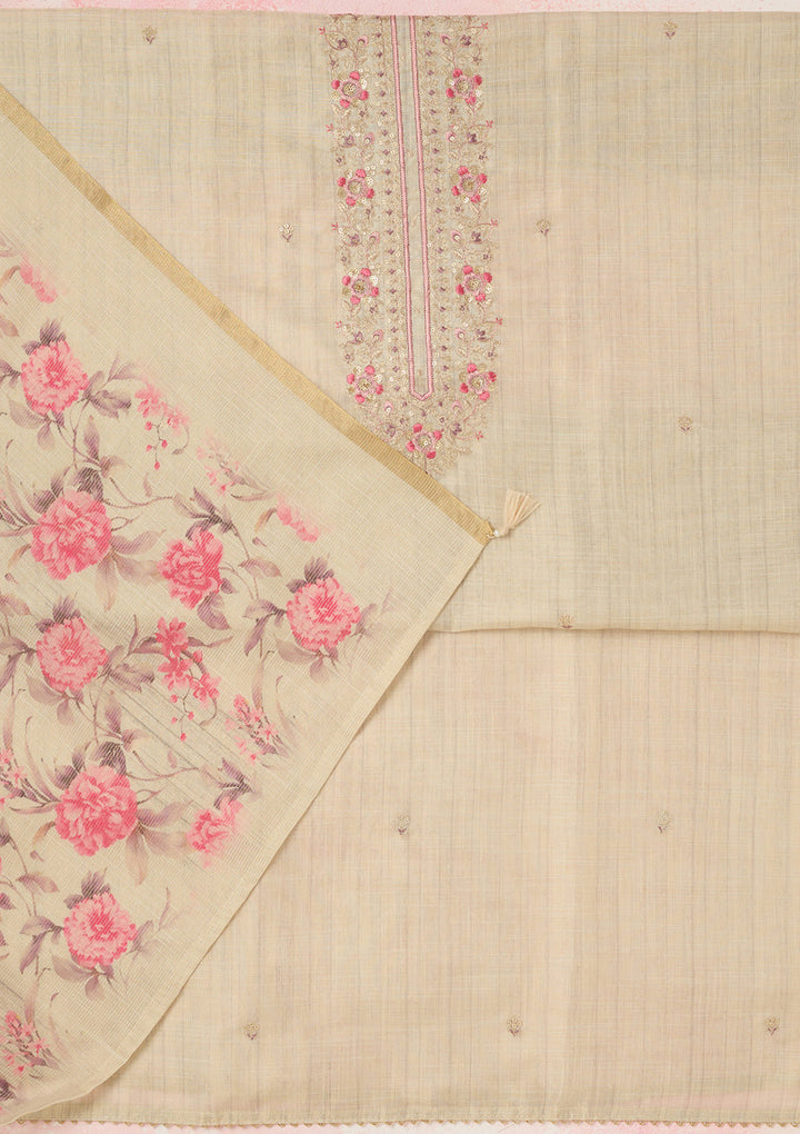 Cream Zariwork (Gold) Linen Unstitched Salwar Suit