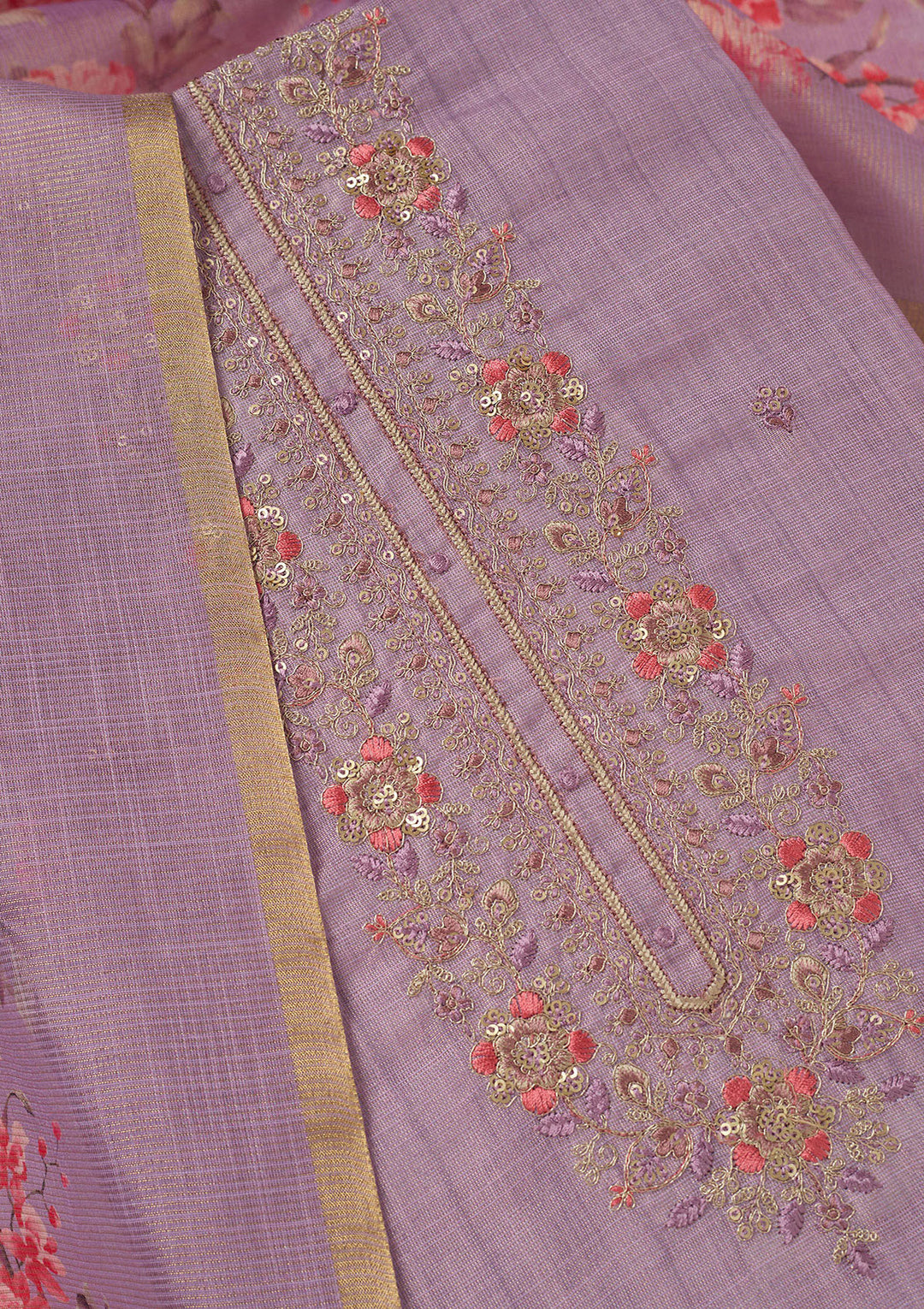 Lavender Zariwork (Gold) Linen Unstitched Salwar Suit