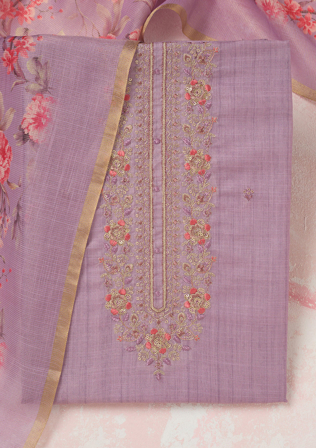 Lavender Zariwork (Gold) Linen Unstitched Salwar Suit