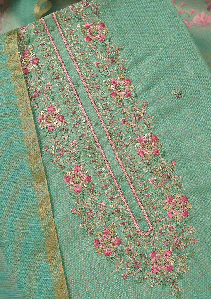 Sea Green Zariwork (Gold) Linen Unstitched Salwar Suit