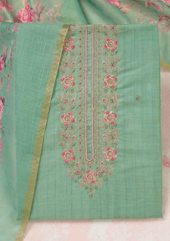 Sea Green Zariwork (Gold) Linen Unstitched Salwar Suit