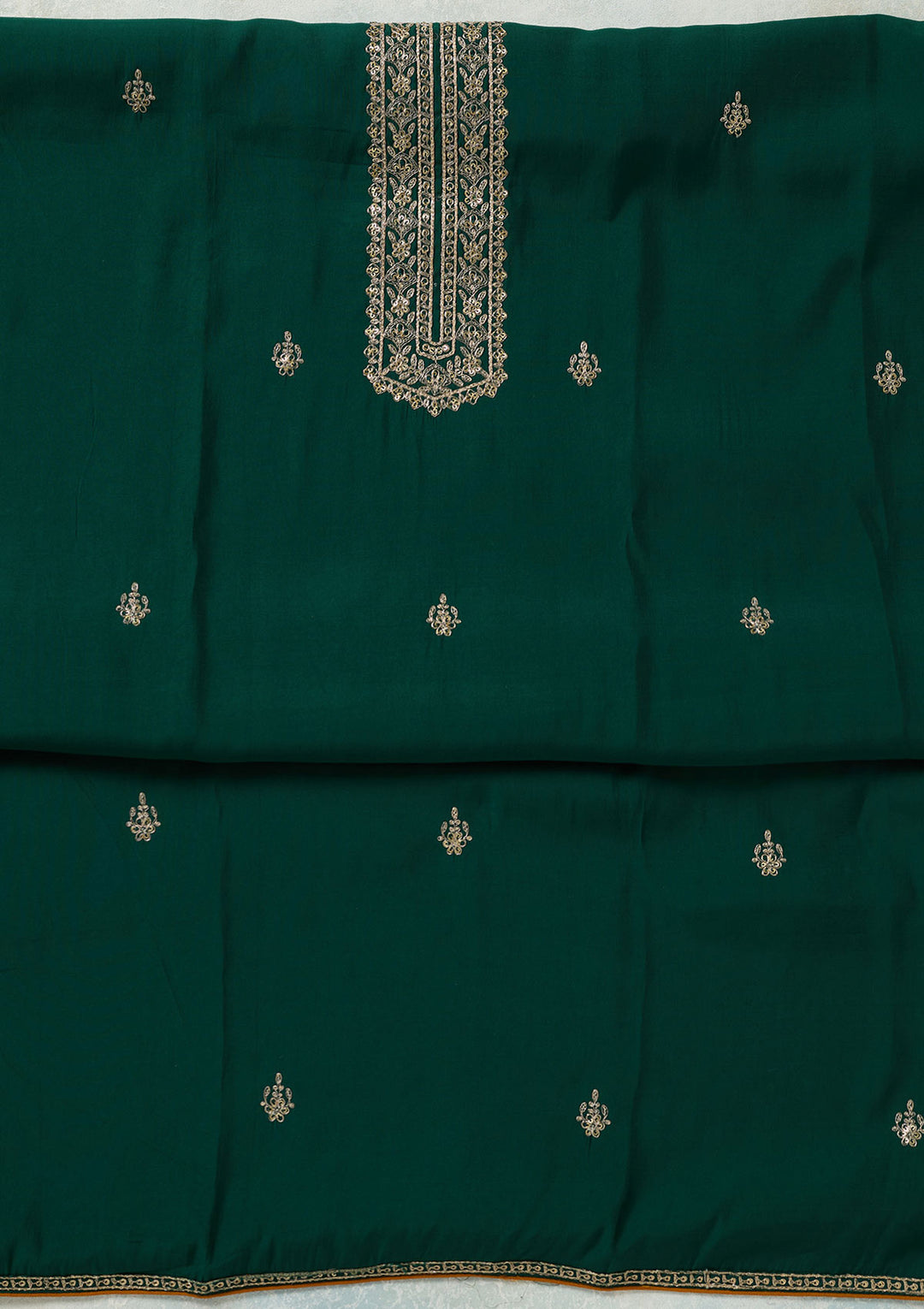 Bottle Green Threadwork Dola Silk Unstitched Salwar Suit