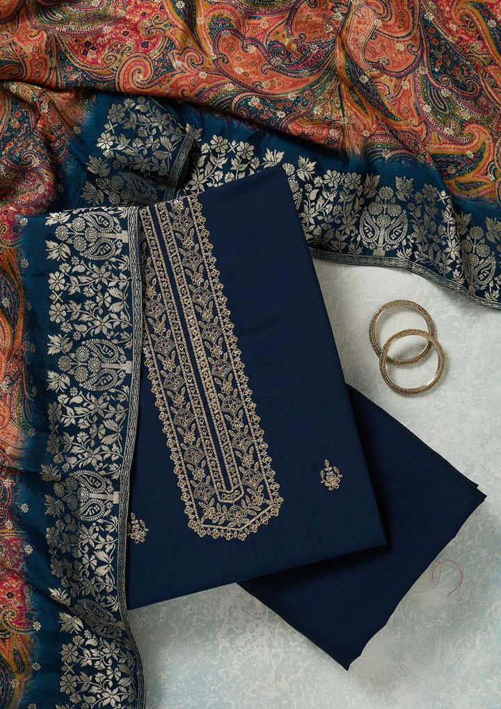 Navy Blue Threadwork Dola Silk Unstitched Salwar Suit