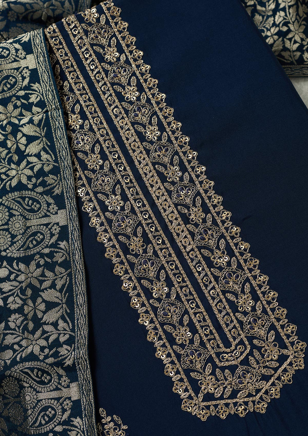 Navy Blue Threadwork Dola Silk Unstitched Salwar Suit