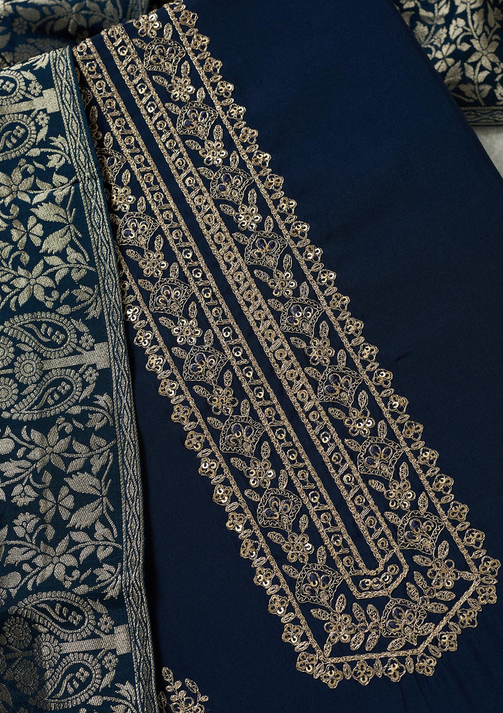 Navy Blue Threadwork Dola Silk Unstitched Salwar Suit