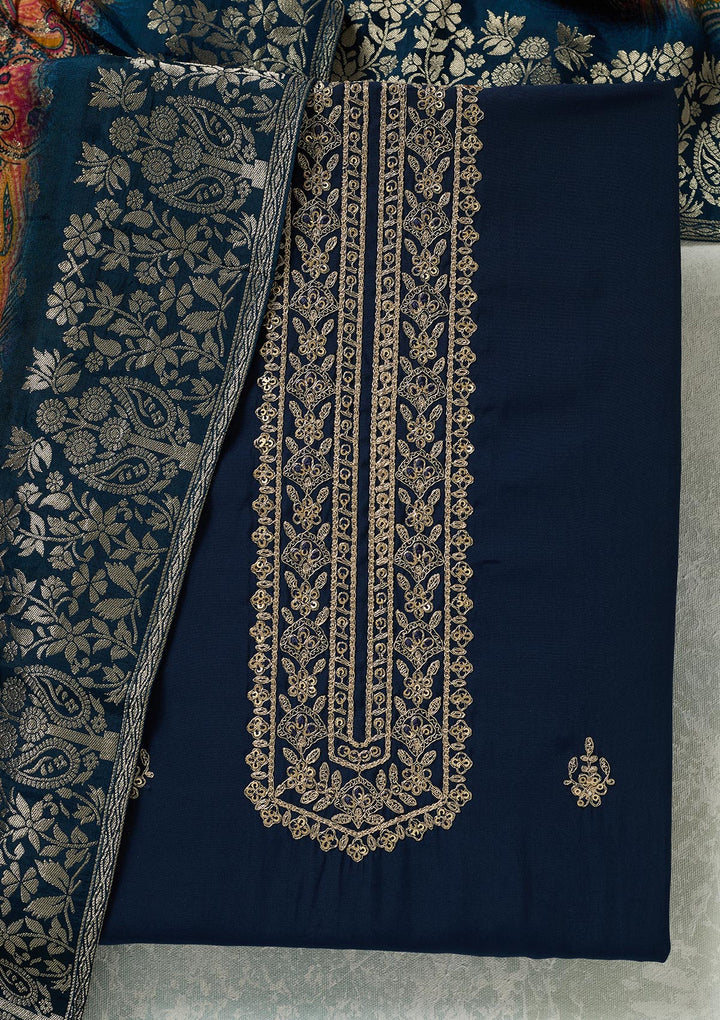 Navy Blue Threadwork Dola Silk Unstitched Salwar Suit