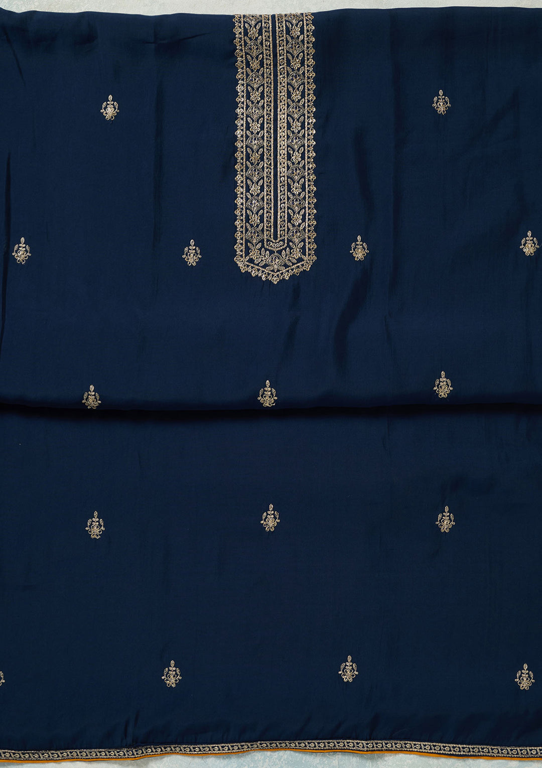 Navy Blue Threadwork Dola Silk Unstitched Salwar Suit