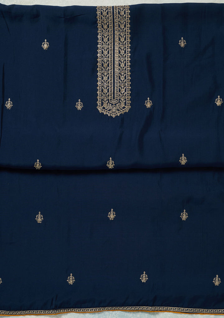 Navy Blue Threadwork Dola Silk Unstitched Salwar Suit