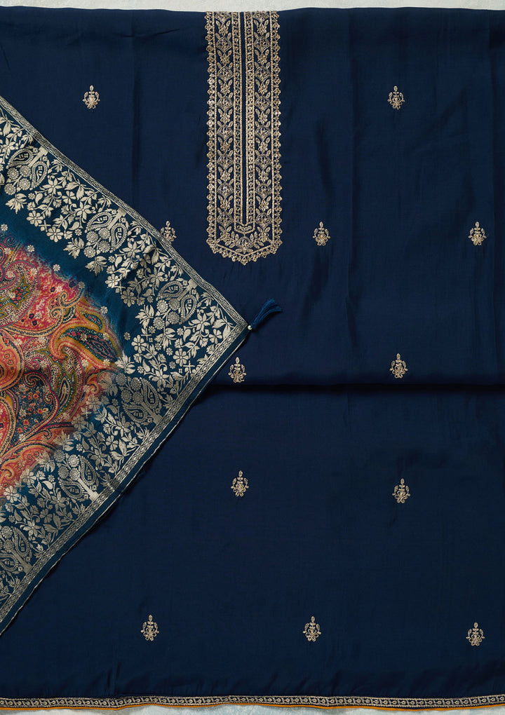 Navy Blue Threadwork Dola Silk Unstitched Salwar Suit