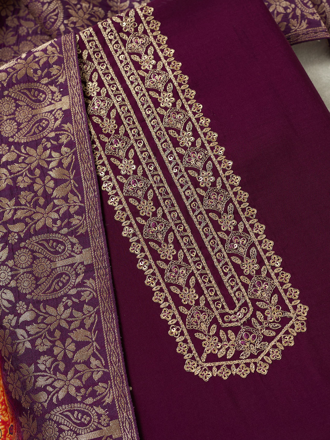 Purple Zariwork (Gold) Dola Silk Unstitched Salwar Suit