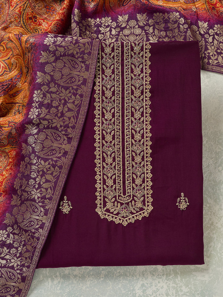 Purple Zariwork (Gold) Dola Silk Unstitched Salwar Suit