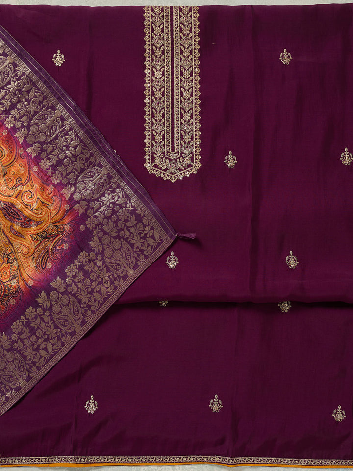 Purple Zariwork (Gold) Dola Silk Unstitched Salwar Suit