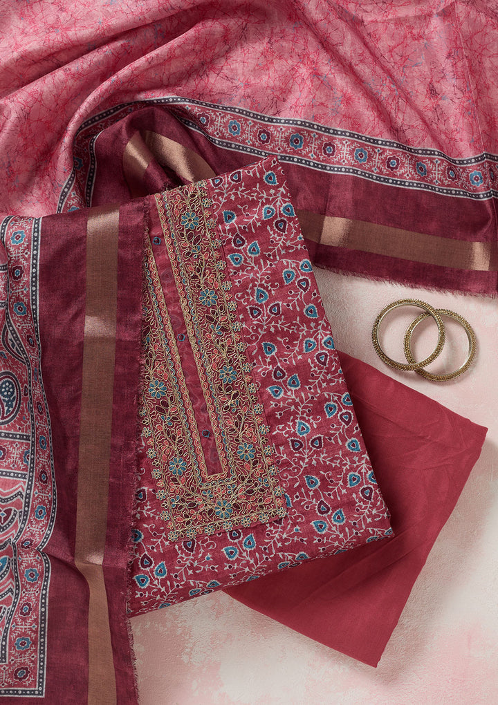 Onion Pink Zariwork (Gold) Chanderi Unstitched Salwar Suit