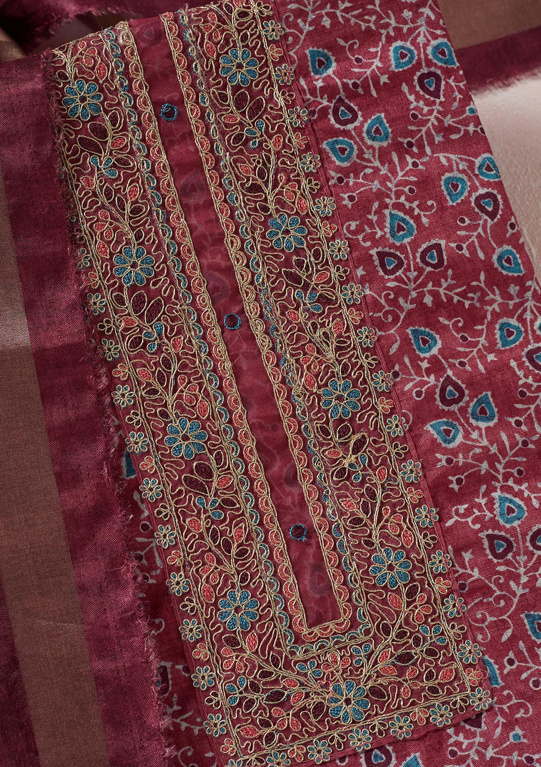 Onion Pink Zariwork (Gold) Chanderi Unstitched Salwar Suit
