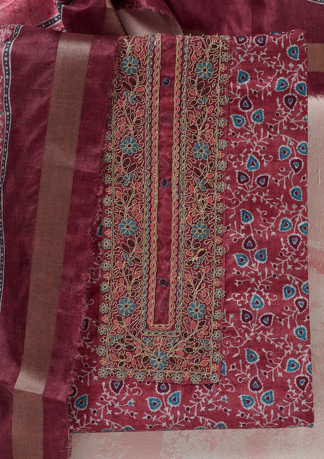 Onion Pink Zariwork (Gold) Chanderi Unstitched Salwar Suit