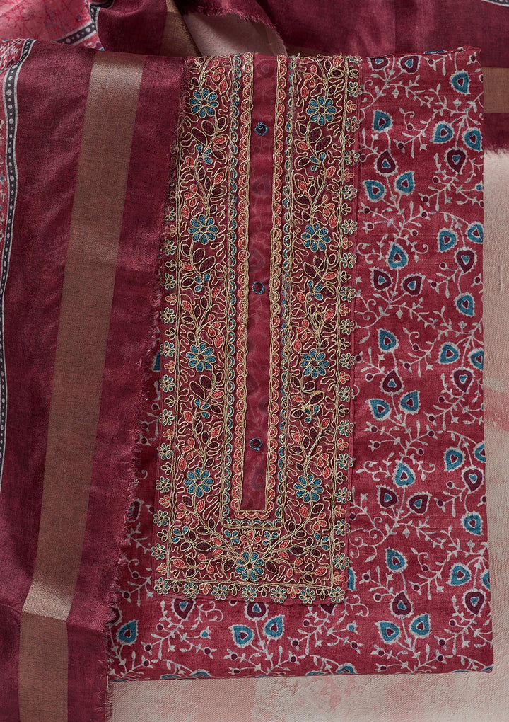 Onion Pink Zariwork (Gold) Chanderi Unstitched Salwar Suit