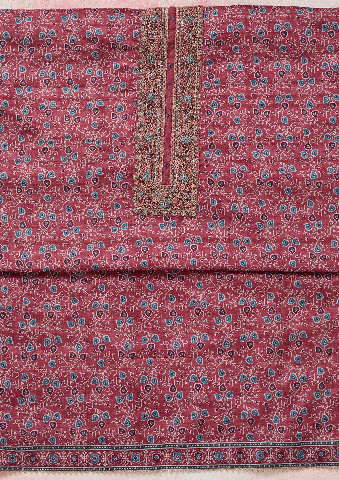 Onion Pink Zariwork (Gold) Chanderi Unstitched Salwar Suit