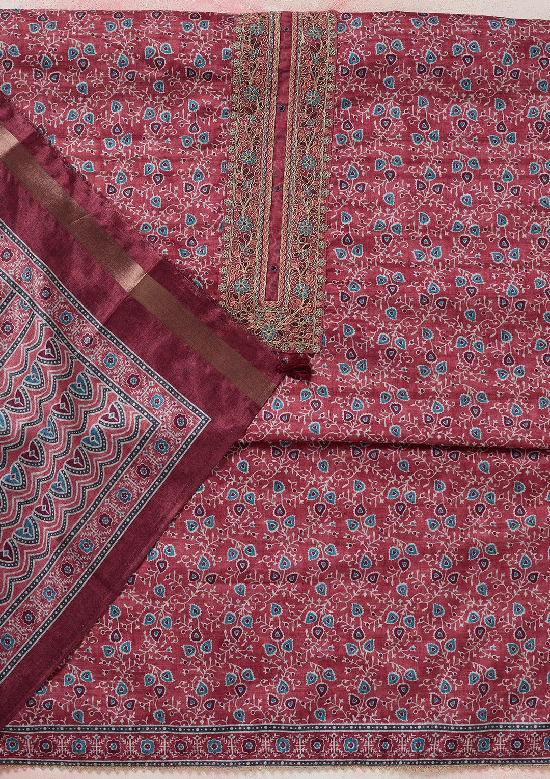 Onion Pink Zariwork (Gold) Chanderi Unstitched Salwar Suit