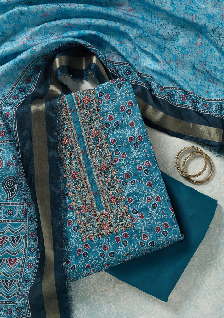 Sky Blue Zariwork (Gold) Chanderi Unstitched Salwar Suit
