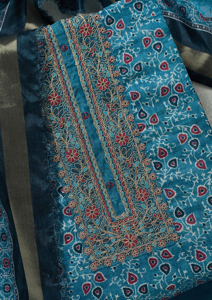 Sky Blue Zariwork (Gold) Chanderi Unstitched Salwar Suit