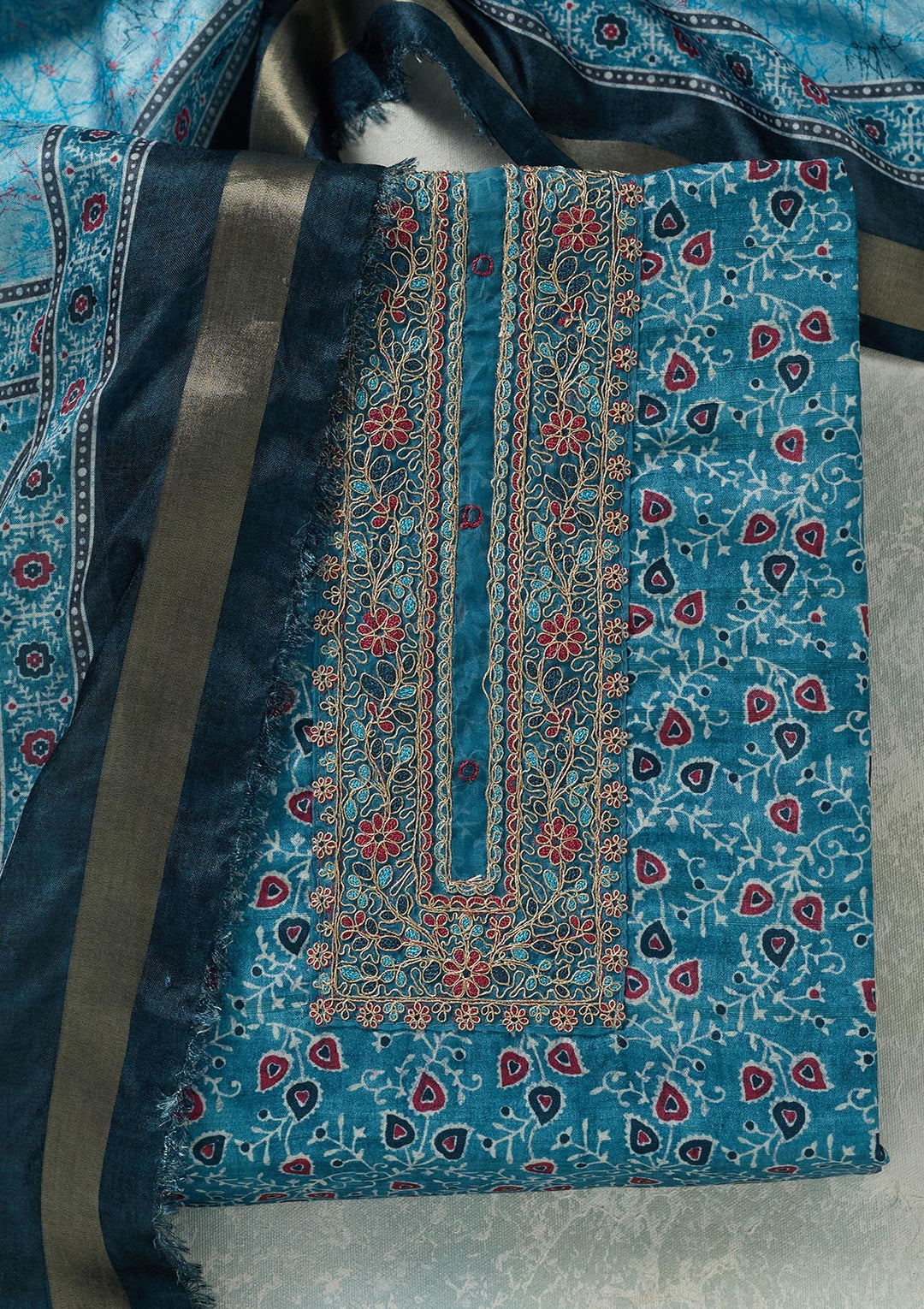 Sky Blue Zariwork (Gold) Chanderi Unstitched Salwar Suit