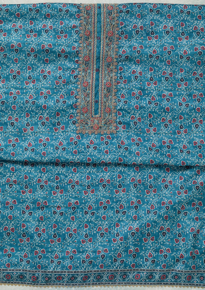 Sky Blue Zariwork (Gold) Chanderi Unstitched Salwar Suit
