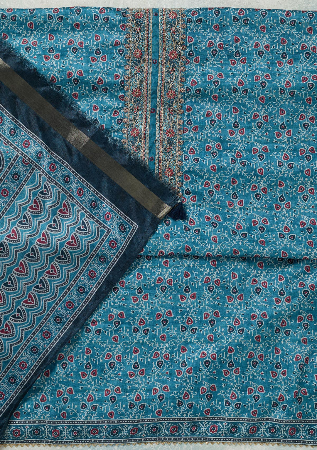 Sky Blue Zariwork (Gold) Chanderi Unstitched Salwar Suit