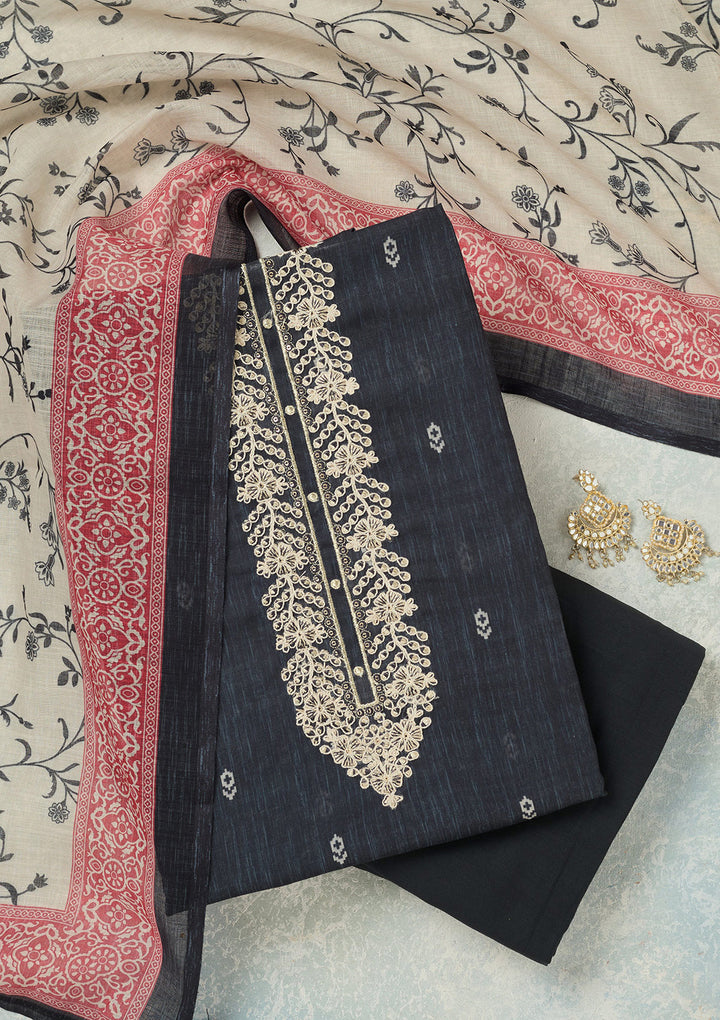 Black Threadwork Linen Unstitched Salwar Suit