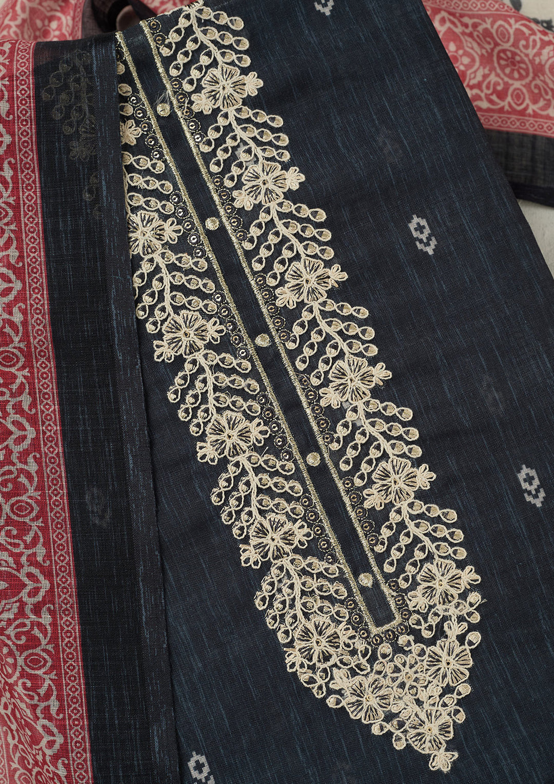 Black Threadwork Linen Unstitched Salwar Suit