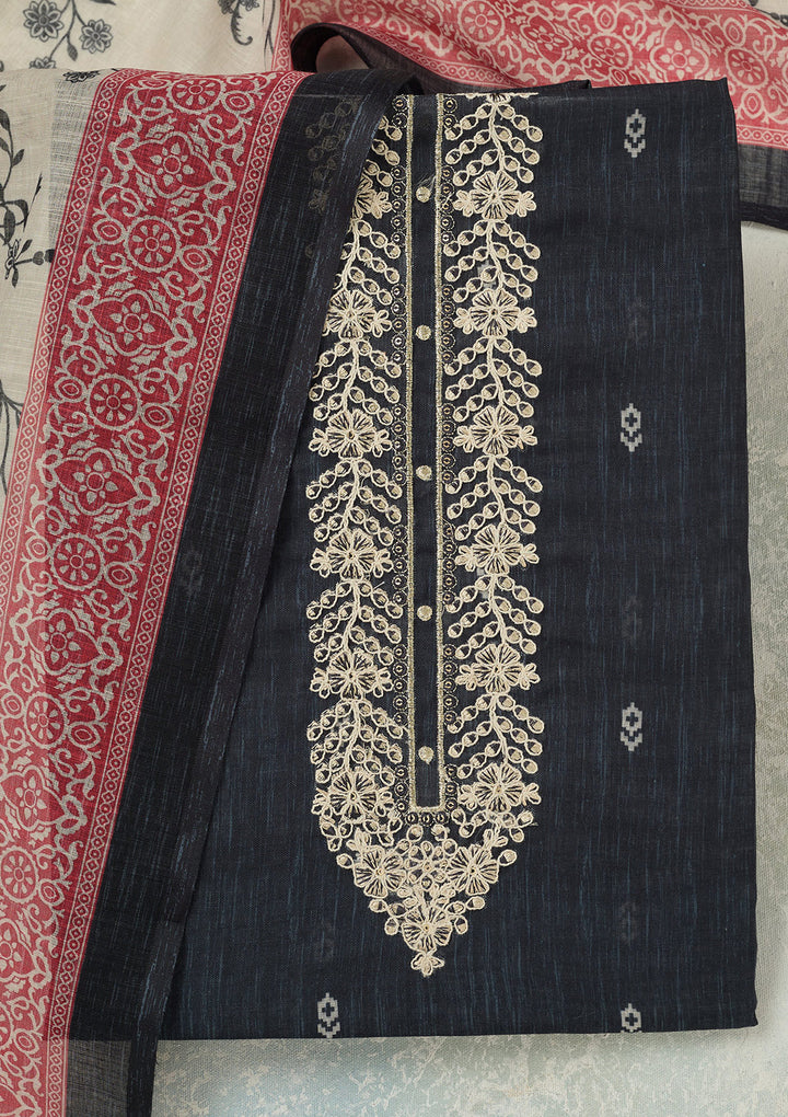 Black Threadwork Linen Unstitched Salwar Suit