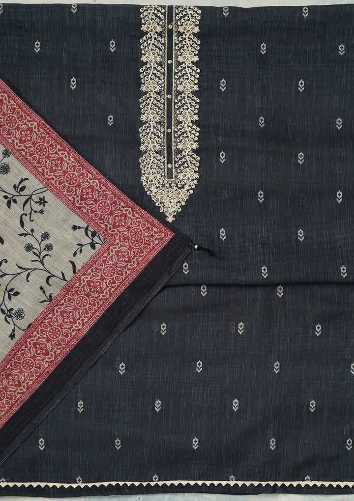 Black Threadwork Linen Unstitched Salwar Suit