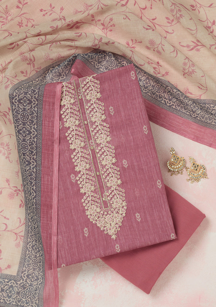Onion Pink Threadwork Linen Unstitched Salwar Suit