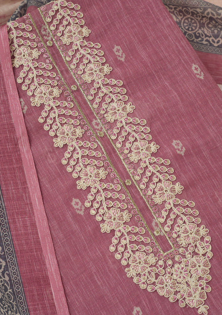 Onion Pink Threadwork Linen Unstitched Salwar Suit