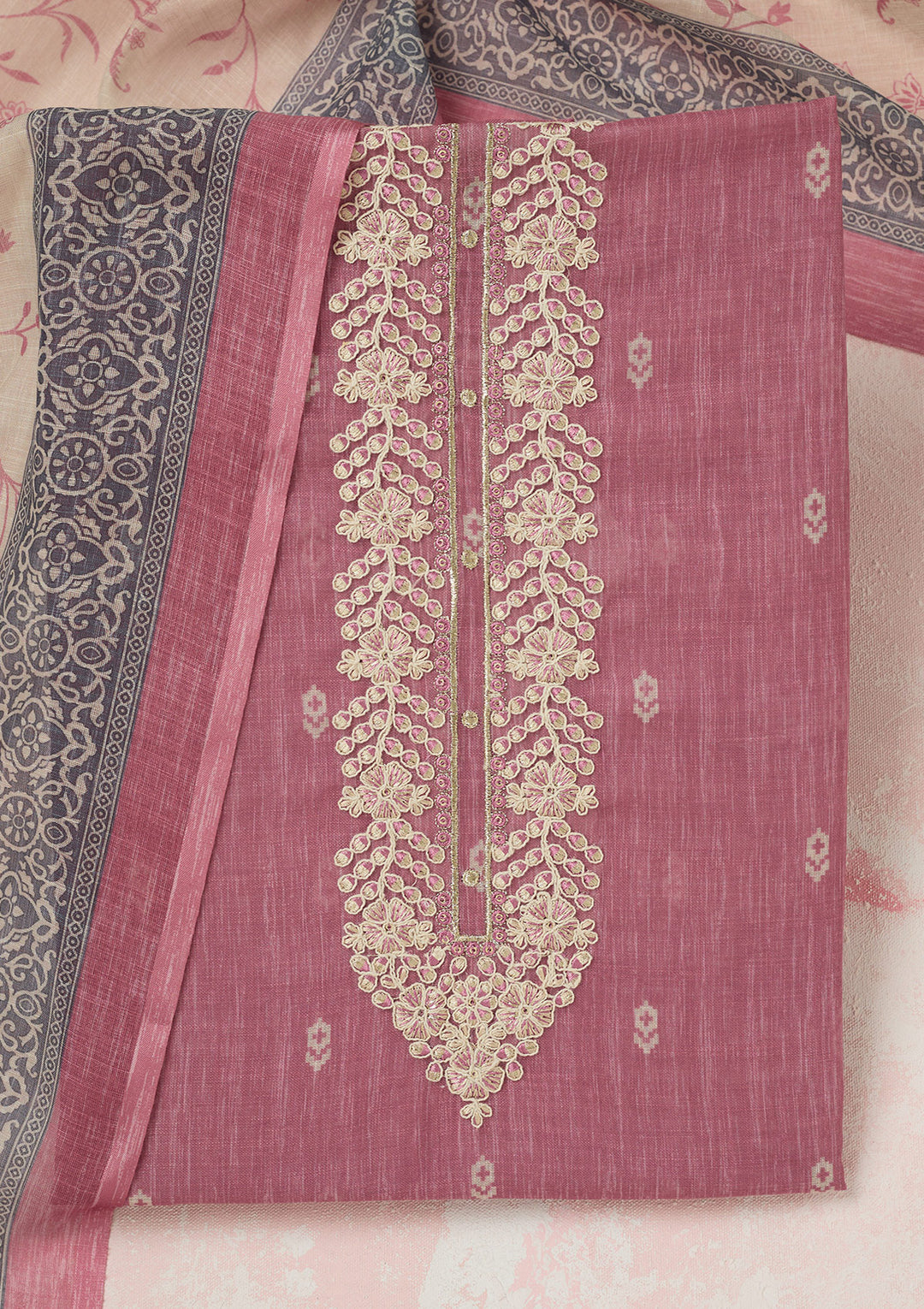 Onion Pink Threadwork Linen Unstitched Salwar Suit