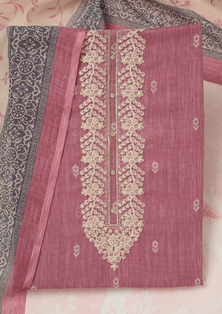 Onion Pink Threadwork Linen Unstitched Salwar Suit