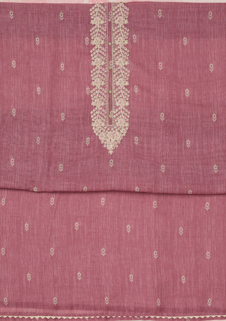 Onion Pink Threadwork Linen Unstitched Salwar Suit