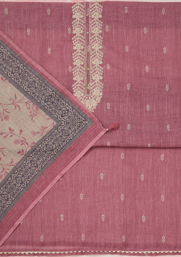 Onion Pink Threadwork Linen Unstitched Salwar Suit