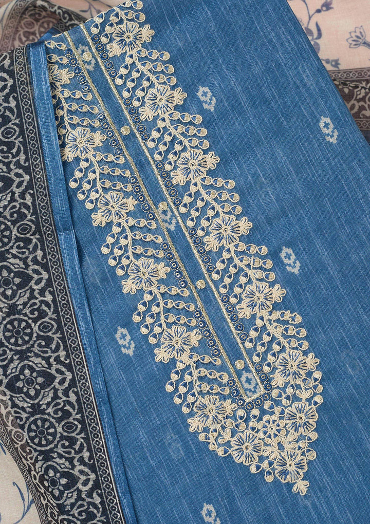 Royal Blue Threadwork Linen Unstitched Salwar Suit-koskii