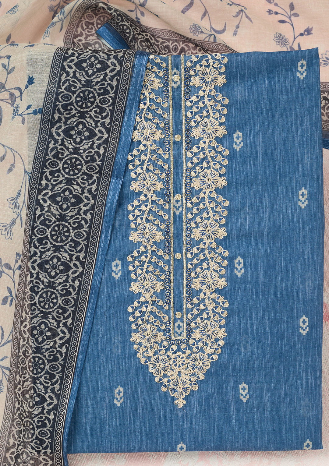 Royal Blue Threadwork Linen Unstitched Salwar Suit-koskii