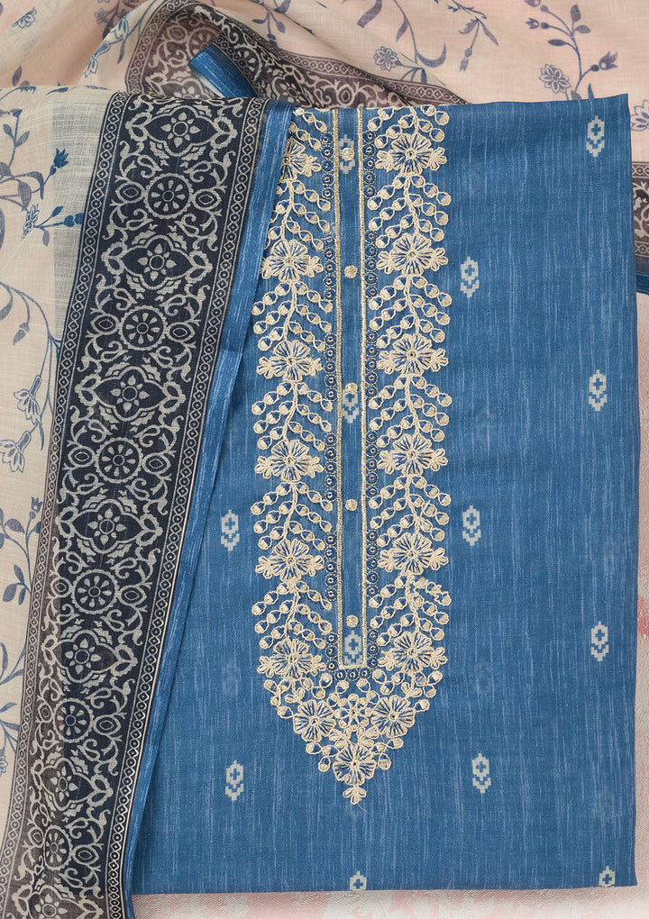 Royal Blue Threadwork Linen Unstitched Salwar Suit-koskii