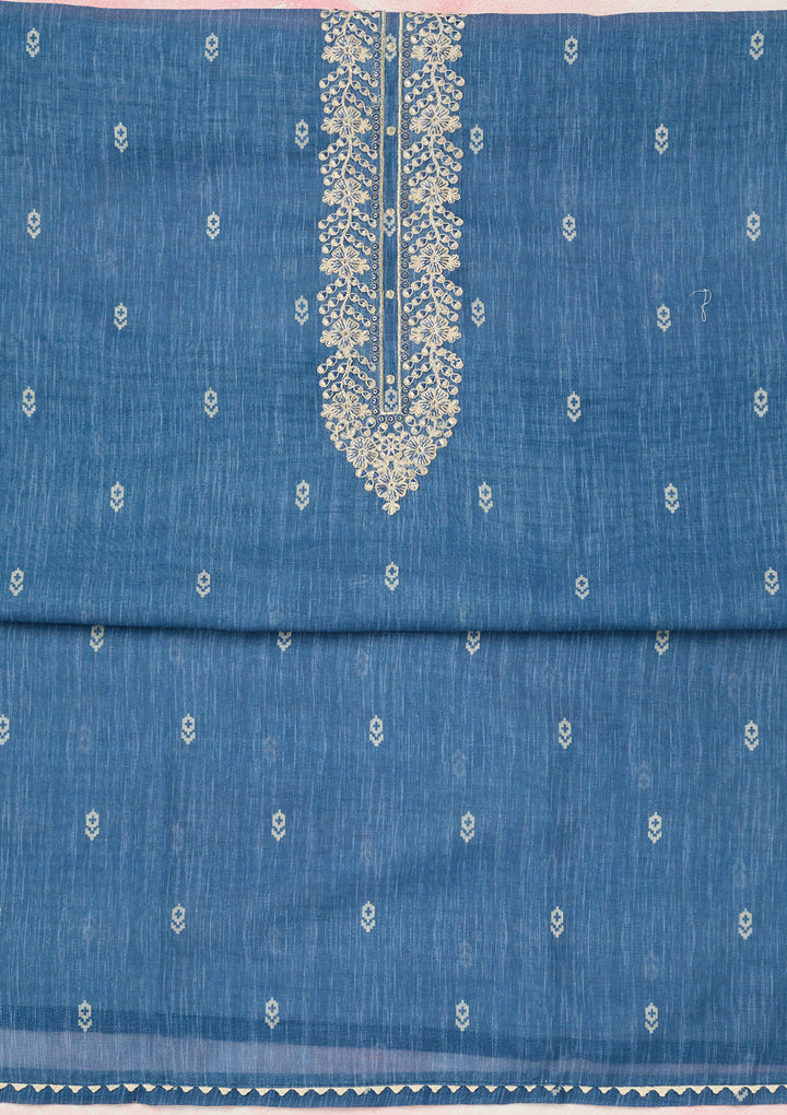 Royal Blue Threadwork Linen Unstitched Salwar Suit-koskii