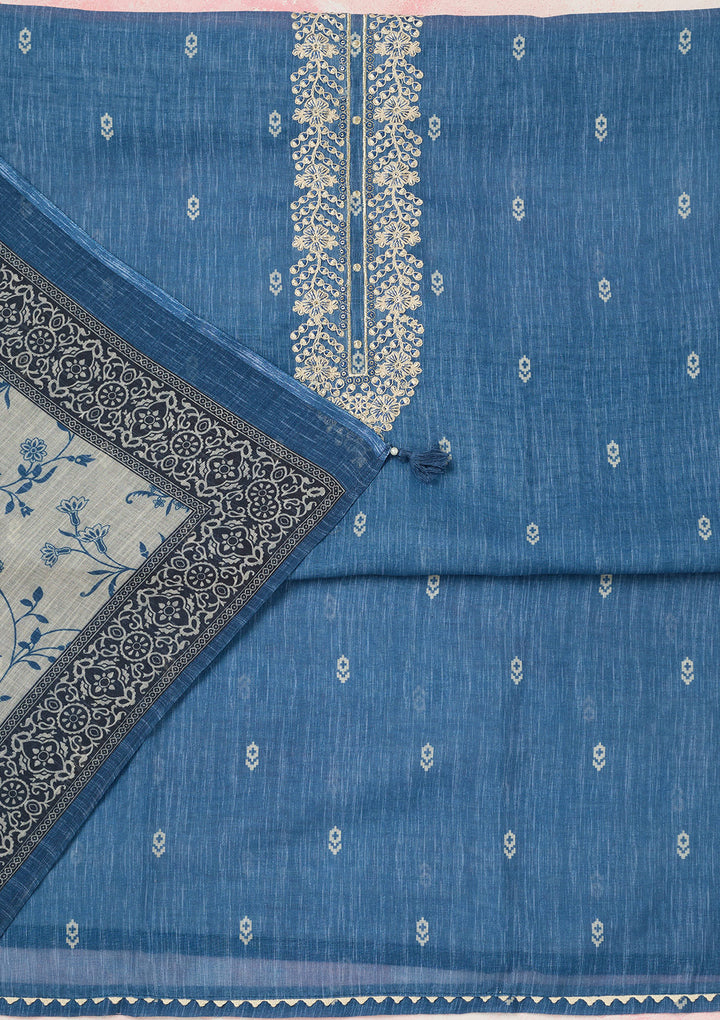 Royal Blue Threadwork Linen Unstitched Salwar Suit-koskii
