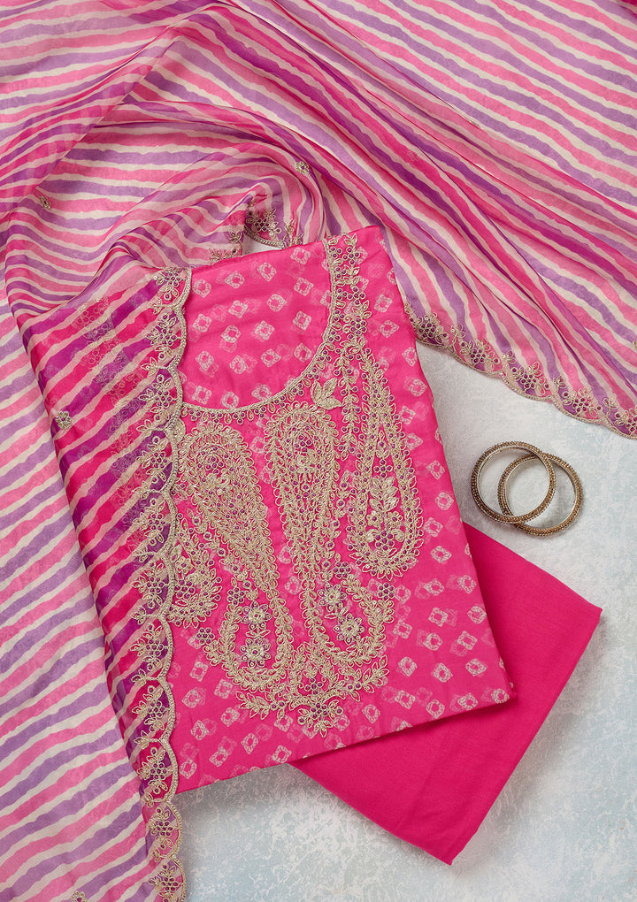Pink Zariwork (Gold) Organza Unstitched Salwar Suit