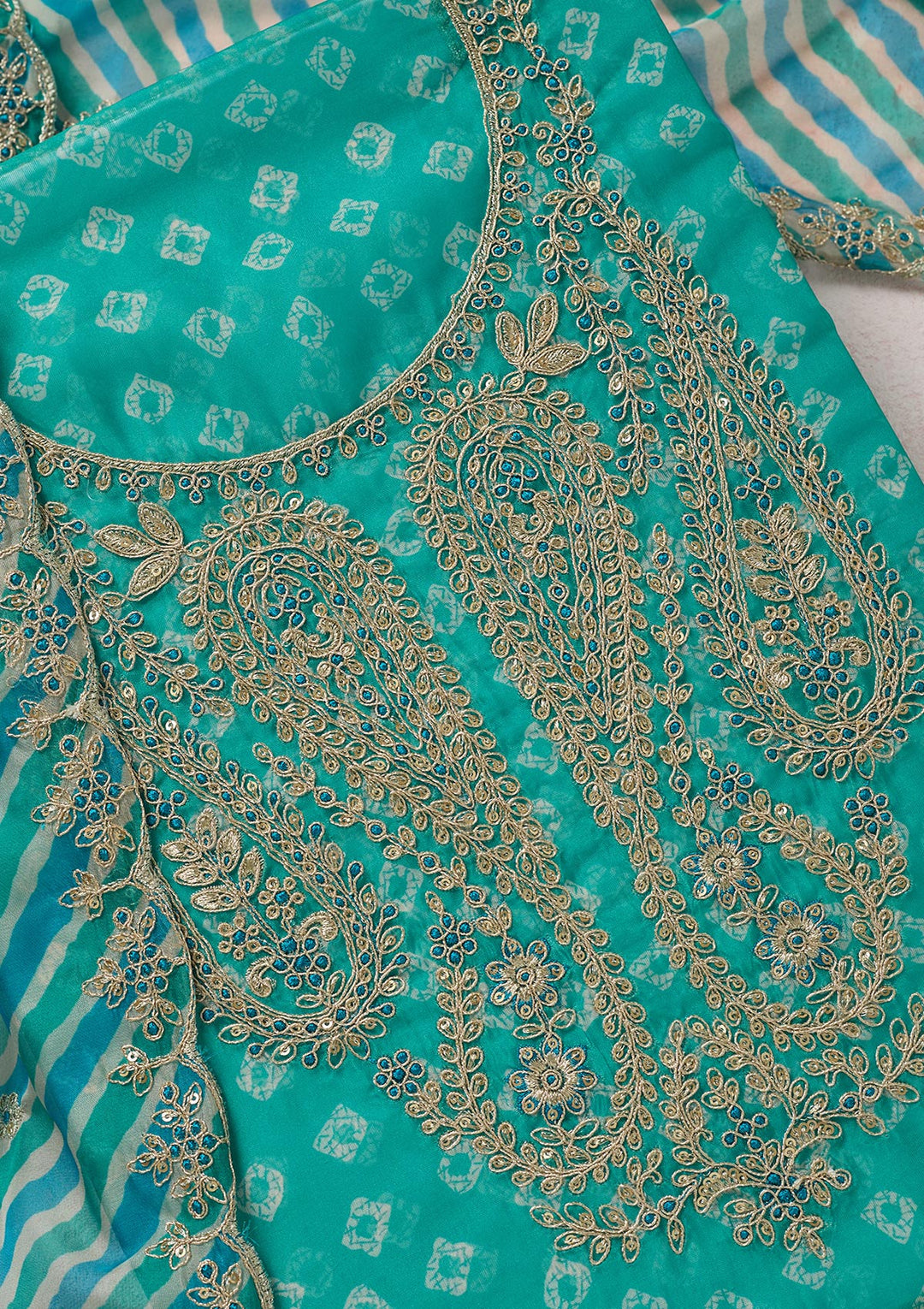 Sea Green Zariwork (Gold) Organza Unstitched Salwar Suit