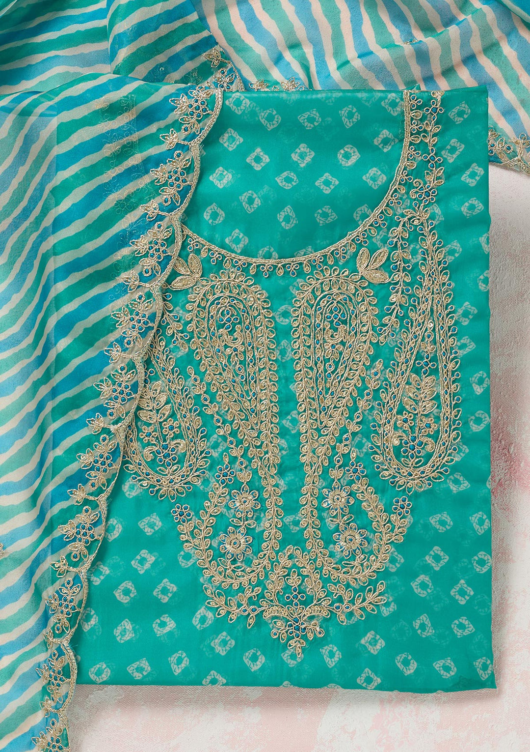 Sea Green Zariwork (Gold) Organza Unstitched Salwar Suit